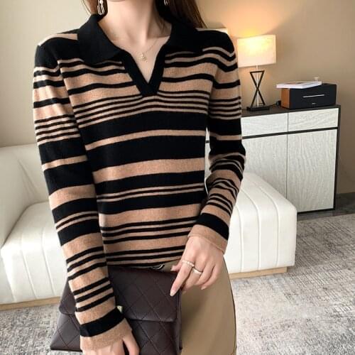 2021 Autumn/Winter New Cashmere Sweater Woman POLO Collar Pullover Casual Striped Knit Upper Korean Fashion Female Jacket