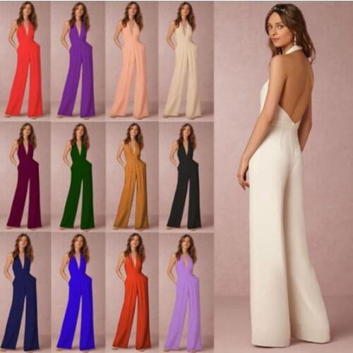 2021 Fashion Wedding Party Women Jumpsuit Sexy Sleeveless Halter Elegant Backless Wide Leg Pants Ladies Romper Overalls