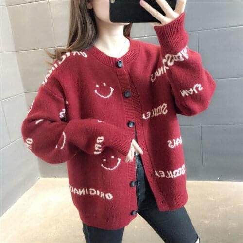 Womens Knitted Cardigan O Neck Smile Letter Printed Long Sleeves Loose Sweater Wholesale Spring Autumn 2021 New Female Clothes