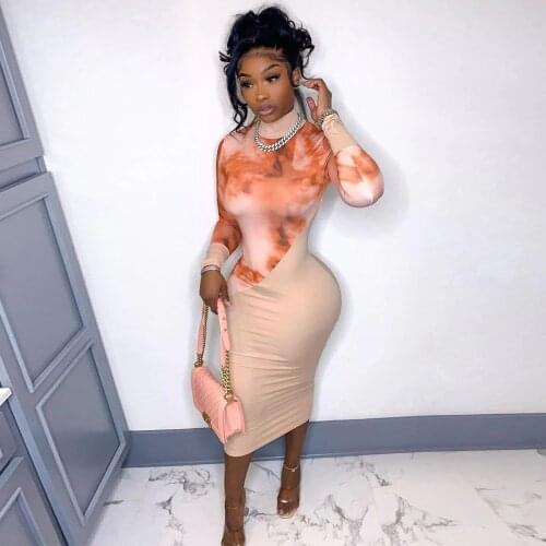 Color Block Tie Dye Print Skinny Dresses for Women High Necked Long Sleeve Bodycon Dress Early Autumn Body-shaping Vestidos