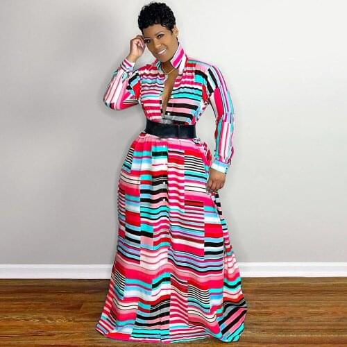 S-3XL Striped Print Vintage Floor Length Dress Women Turn Down Collar Long Sleeve Party Dreses Autumn High Waist Holiday Dress