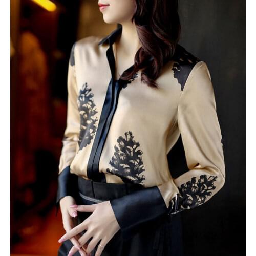 2021 spring and autumn ladies satin imitation silk shirt womens long-sleeved fashion printed blouse satin shirt