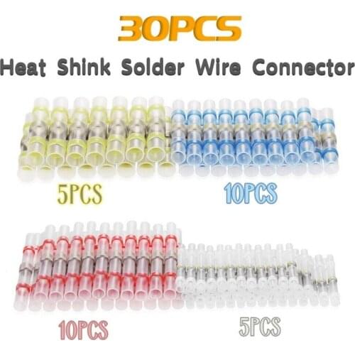 30Pcs Solder Seal Wire Connectors Kit, Heat Shrink Butt Connectors Waterproof and Insulated Electrical Wire Terminals