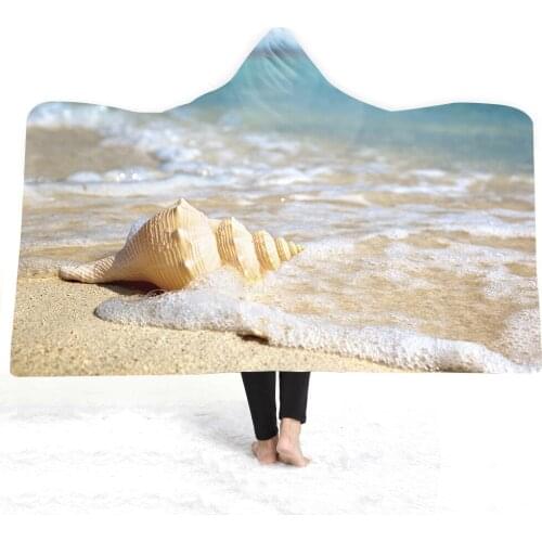 3D Beach Conch Hooded Blanket Sherpa Fleece Ocean Wave Wearable Plush Throw Blanket On Bed Sofa Thick Warm