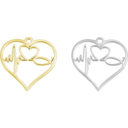 5pcs/Lot Stainless Steel Hollow Out Heart Electrocardiogram Charm Pendant For DIY Jewelry Making Accessories