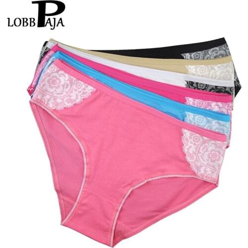 LOBBPAJA 6 PCS/lot Plus Size Woman Underwear Cotton Mid Waist Sexy Floral Lace Printed Ladies Panties Briefs Lingerie for Women