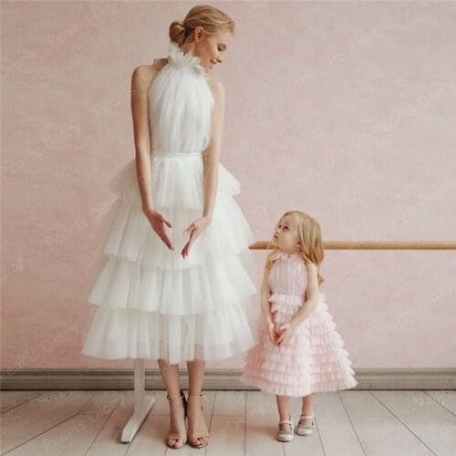 Arabic White Tiered Tulle Evening Dresses Halter Princess Prom Dresses Formal Party Second Reception Gowns Dubai Aibye Gowns