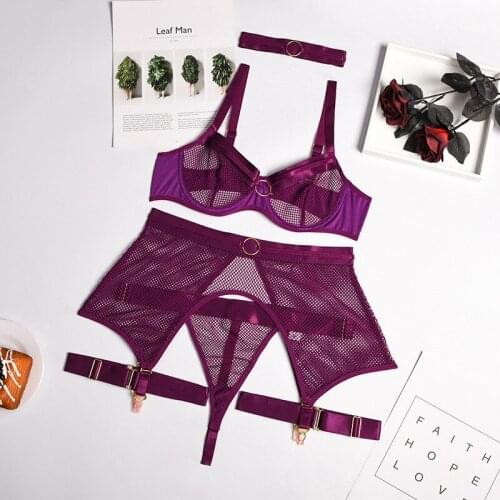 FVIAD 4 Pieces Mesh Translucent Underwear Sexy Set Sexy Lace Bra And Panties Set With Barter Belt Ladies Underwear