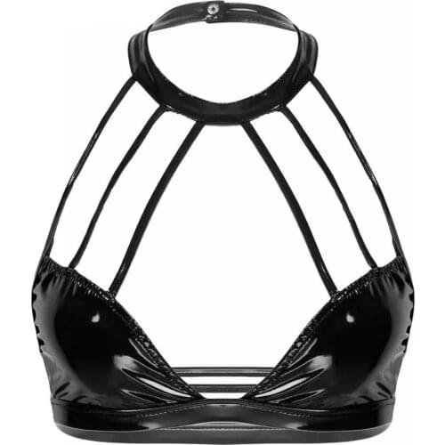 Erotic Hot Porn Plunge Half Cup Breast Exposing Shiny Latex Halter Neck Tops Sexi Women Sexy Glossy Deep U Leather Strapless Bra