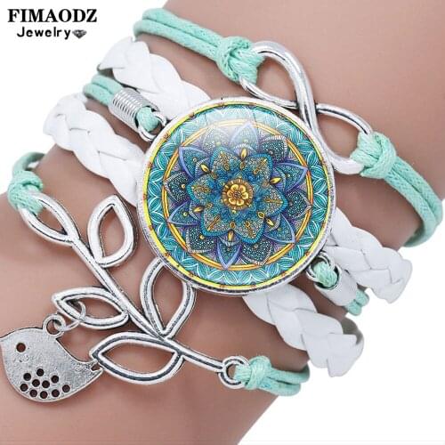 FIMAODZ Flower Mandala Art Picture Bracelet Infinite Henna Love Yoga Om Symbol Zen Buddhism Glass Gem Leather Bracelets Bangles