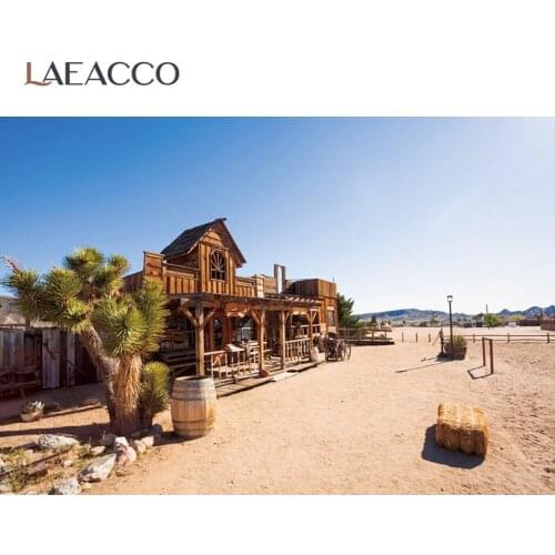 Laeacco Desert Saloon Cactus Wooden Saloon West Cowboy Blue Sky Scenic View Photo Background Photographic Backdrop Photo Studio
