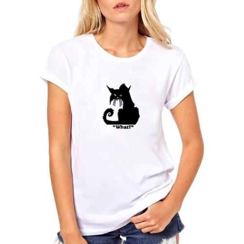 WHAT CAT T Shirt Women Harajuku Funny T Shirt Women Cotton Tops Cat Tshirt Women O-neck Tee Shirt Femme Black & White T-shirt