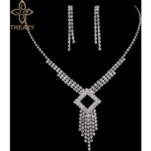 TREAZY Silver Plated Rhinestone Crystal Tassel Necklace Earrings Jewelry Set Elegant Bridesmaid Bridal Wedding Jewelry Sets
