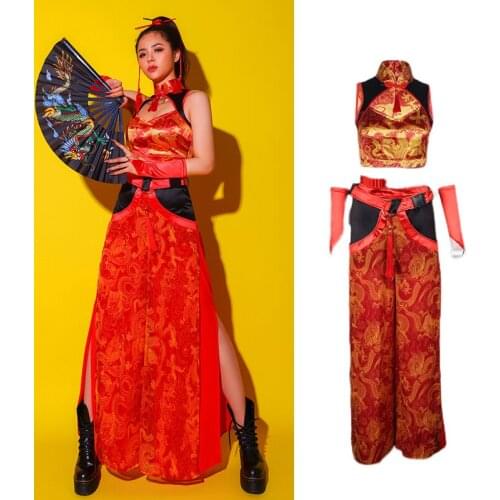 Red Nightclub Dj Ds Dance Clothing Cosplay Costumes Chinese Style Show Bar Jazz Stage Wear Leading Dancer Clothes Outfit YS1015