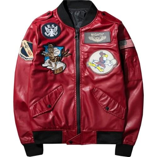 SRTM Mens Jacket Badge Embroidery Bomber Jacket Air Force Hip Hop Baseball Pilot Fashion Male PU Leather Locomotive Coat