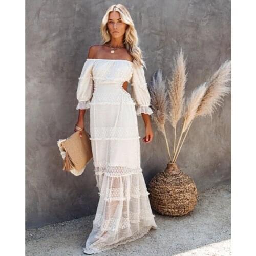 Summer Women Boho Maxi Dress 2021 Sexy Slash Neck Beach A-LINE Backless Sundress Casual Lace Solid Vintage Party Long Dresses