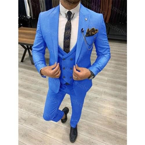 2021 New Slim Fit Royal Blue Costume Homme Men Suits For Wedding 3 Pieces (Jacket+Pant+Vest) Terno Masculino Groom Tuxedo Blazer