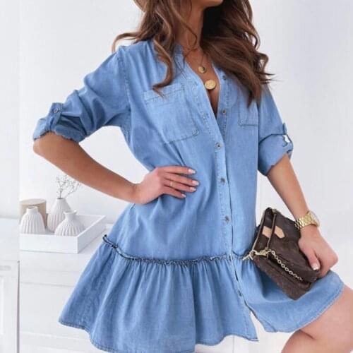 Shirt Dress Summer Casual Denim Dress for Womens Stitching Ruffled Hem Dresses Indie Fashion A-Line Solid Vestidos Oversize New