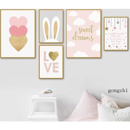 Gold Heart Love Nordic Poster Blush Pink Sweet Dream Canvas Painting and Prints Nursery Wall Art Picture for Girl Bedroom Decor