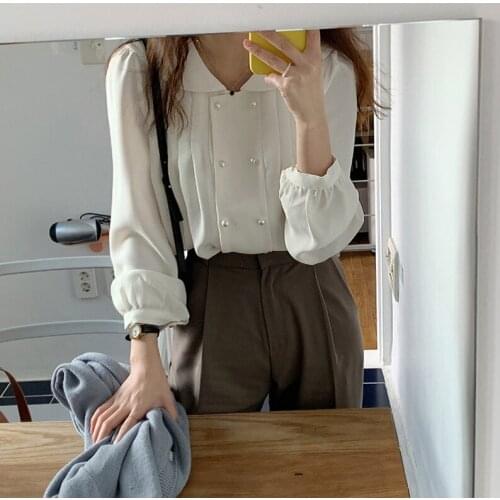 QOERLIN Korean Double-Breasted Large Lapel Long Sleeve Shirts Female Plus Size Loose Office Women Tops Blouses with Lush Sleeve
