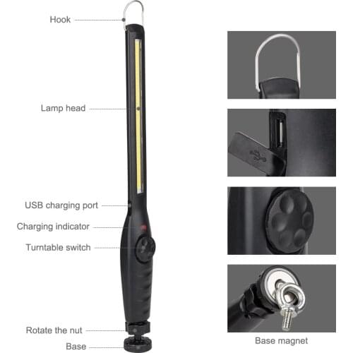 COB Work Flashlight USB Rechargeable Magnetic Inspection Torch Camping Lantern Hook Hanging Tent Lamp For Car Repairing 6 Colors