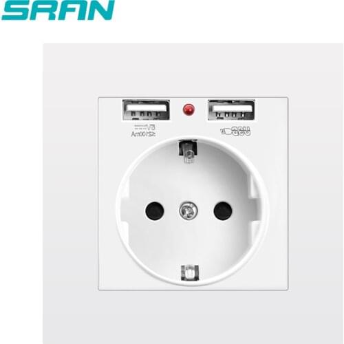 SRAN EU power socket,socket with USB for home ,16A 250V dual usb 5V 2A PC Panel 86mm*86mm wall usb socket smart LED on/off