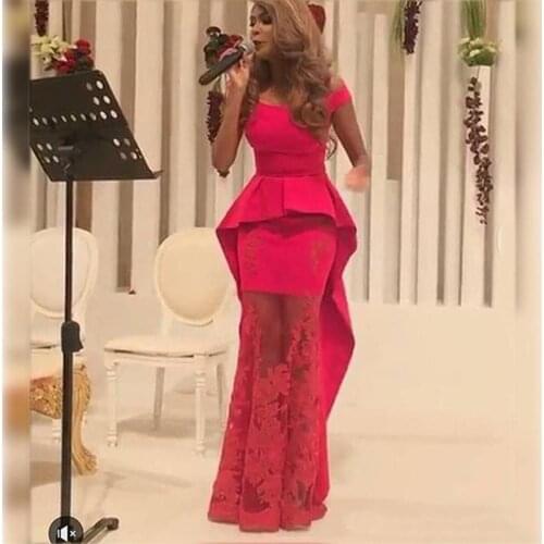 Sexy Sheath Lace Evening Dresses Sleeveless Ruched Cap Sleeves Prom Dress Scoop Collar Sweep Train Red Couture Evening Gowns