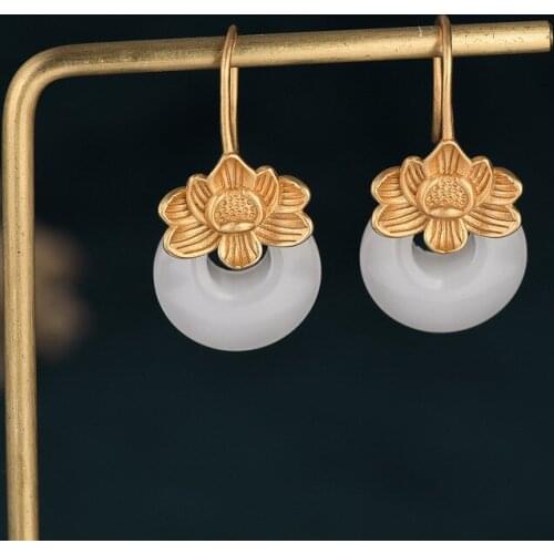 Elegant White Stone Lotus Flower Earrings for Women Ethnic Statement Pendant Earrings Palace 2021 Trend Jewelry Friends Gift M4