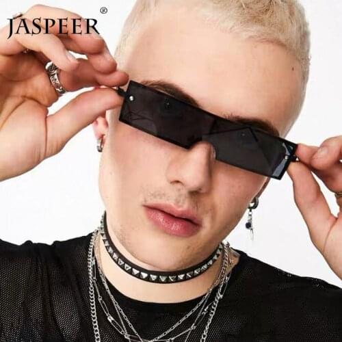 JASPEER Sunglasses Men Women New Fashion Small Rectangle Sunglasses Rimless Sunglasses For Women Black Vintage Glasses