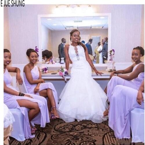 E JUE SHUNG Modern Mermaid Wedding Dresses O Neck Illusion Back Appliques Sleeveless African Wedding Gowns vestido de noiva