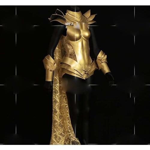 Future show stage dance clothes women party gogo golden armor costume men horn armor pink technology bodysuit
