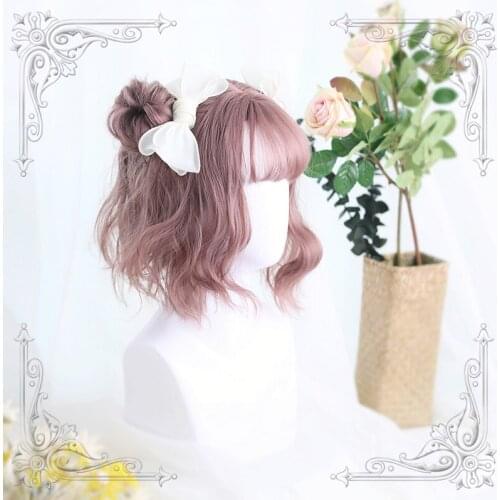 High Quality Rose Ash Powder Air Bangs Daily Synthetic Short Style Wig High Temperature Fibre Cosplay Party