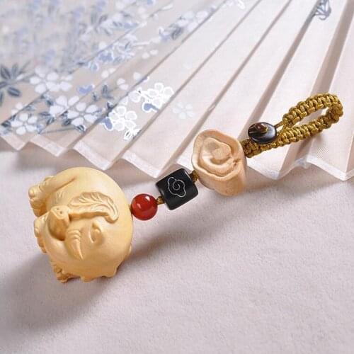 WEIYU Vintage Bag Keychain Lucky Elephant Carving Wooden Pendant Keychain Key Ring Stone Beads Key Holder Evil Defends Gift