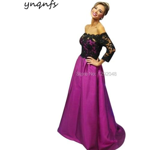 YNQNFS M56 Elegant Off Shoulder Black Fuchsia Mother of the Bride Dresses with Sleeves Party Dinner Evening Prom Formal Gown