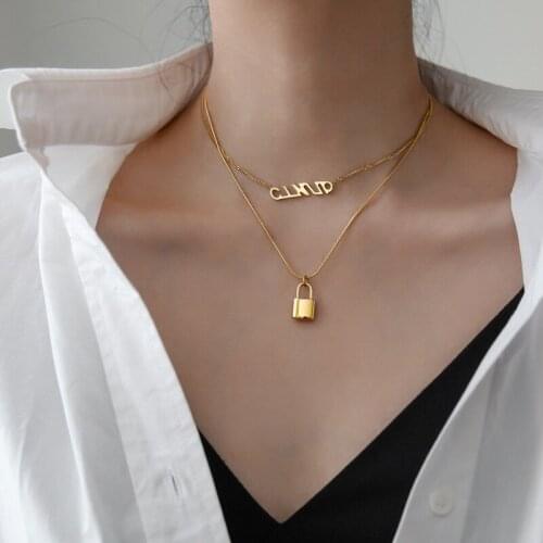 YUN RUO 18 K Gold Double Layer Chain Lock Pendant Necklace Fashion Sexy Titanium Stainless Steel Jewelry Woman Hip-hop Accessory