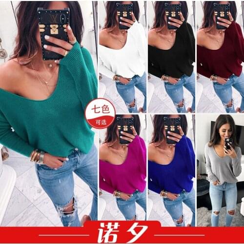 T Shirts Women 2021 Supply European Autumn Sexy V-neck Long-Sleeved Sunken Stripe Solid Color Loose Top Tshirt Tops Women LX1306
