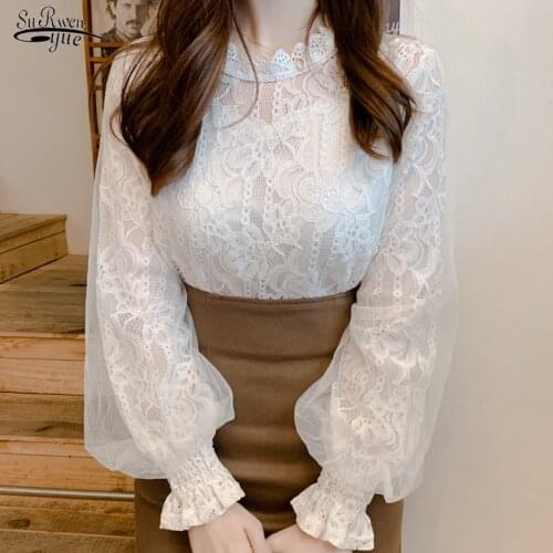 2021 Floral Mesh Blouses Women Office White Lace Shirts Women Fashion Lantern Sleeve Ladies Clothing Tops Chemise Femme 10456