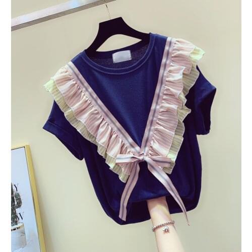 2021 summer Korean version of the lotus leaf lace bow loose Hong Kong style short-sleeved t-shirt womens top tide