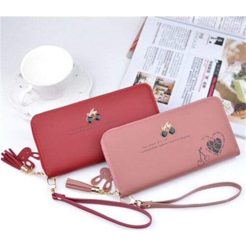 Womens Wallets Fashion Long Casual Tassel Cherry Pattern Wallet Large Capacity Zipper Coin Purse Clutch Bag Document Bag