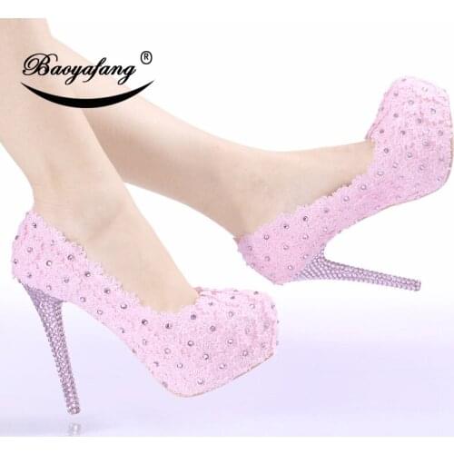BaoYaFang Pink Flower crystal Women Wedding shoes Bride High shoes High heels Platform shoes woman party dress shoe