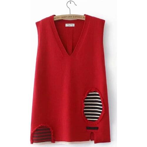 Plus size Womens sweater vest V-Neck spliced sleeveless Sweater oversize 2021 autumn loose black red Navy Womens jumper