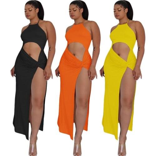 Elegant Solid Women Sleeveless Long Dress Halter Cut Out Twist High Slit Bodycon Sexy Streetwear Party Club 2021 Summer Dresses