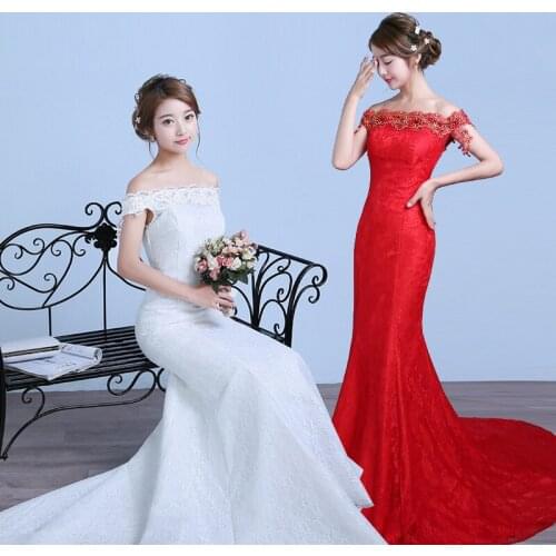 2021 New Red Boat Neck Wedding Dress Court Train Lace Up Mermaid Bridal Dress Off The Shoulder Vestido De Noiva Robe De Mariee