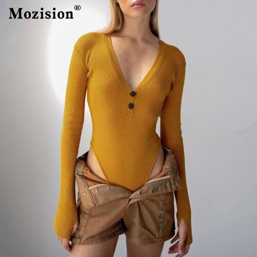 Mozision Button Ribbed Knitted Bodysuit Women Autumn V Neck Long Sleeve Sexy Rompers Ladies Knit Bodycon Bodysuits Playsuit