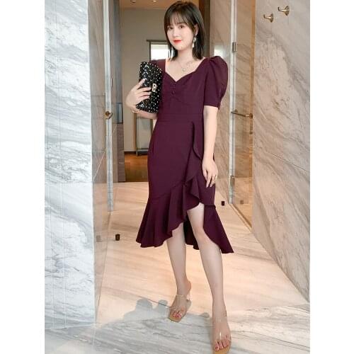 High quality Vintage Bubble Sleeve Ruffle Dress for women 2021 summer