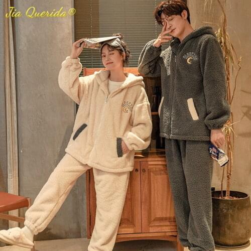 Winter Retro Fashion Thick Hoodies Zipper Cardigan Pajamas Set for Couple Preppy Teddy Warm Pijamas for Women Sleepwear for Men