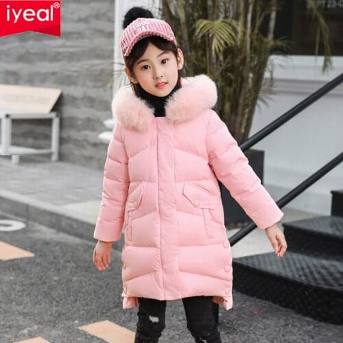IYEAL Girl Winter White Duck Down Jacket Childrens Fashion Long Coat Kids Outerwear Babys Warm Down Jacket Children Clothing