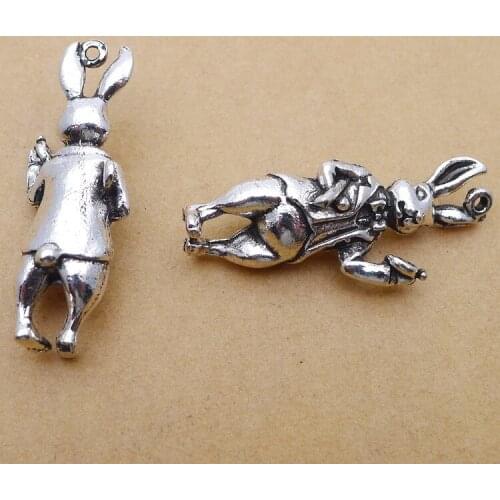 2pieces/lot 12*37mm Antique silver color Metal Rabbit Charms Easter Mr rabbit Pendant bracelet Key chain Diy handmade accessory