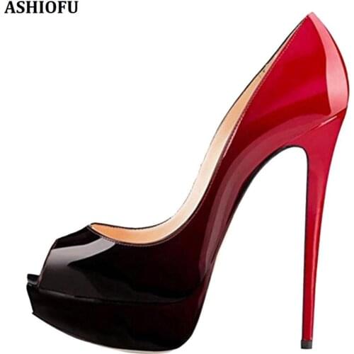 ASHIOFU Handmade Womens High Heel Pumps Peep-toe Gradient Leather Party Prom Dress Shoes Platform Evening Club Fashion Shoes