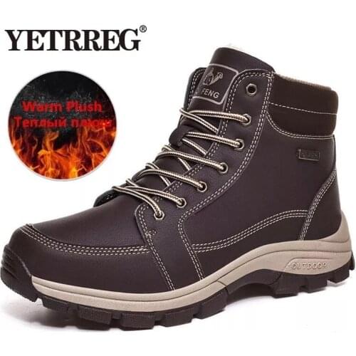 Brand Winter Leather Men Boots Plush Warm Men Snow Boots Outdoor Non-slip Hiking Boots Men Winter Shoes Men Sneakers Size 39-48